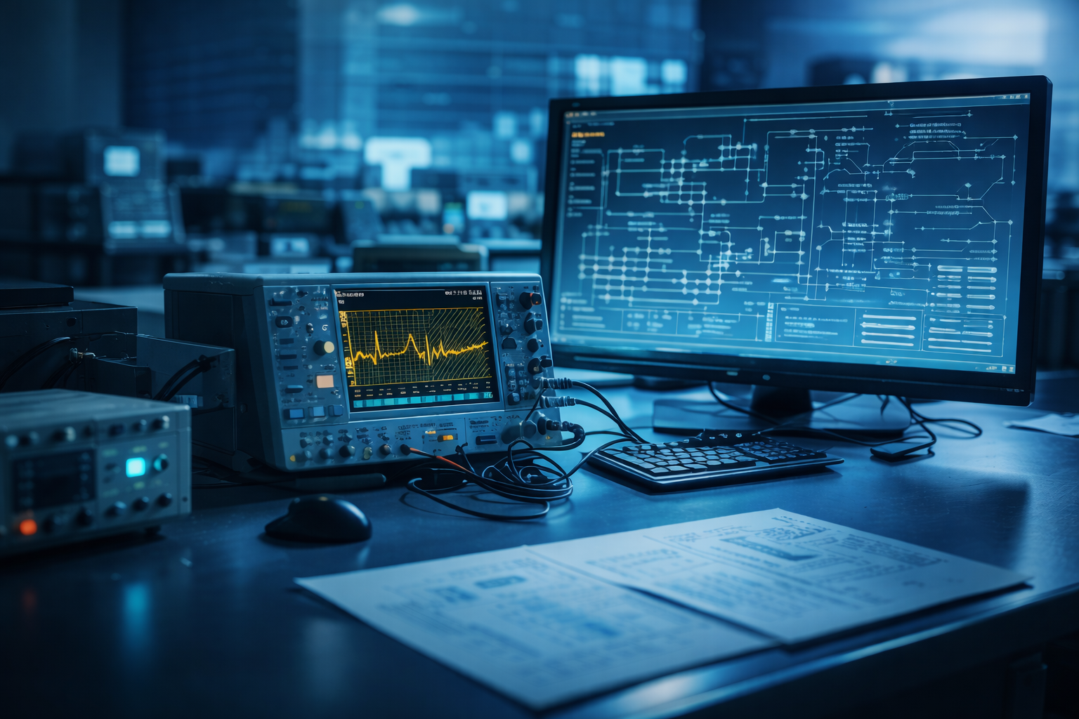 Engineering workstation and test setup representing compliance readiness