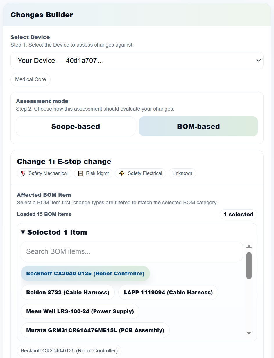 BOM-aware compliance assessment showing affected standards and actions for a robot controller change