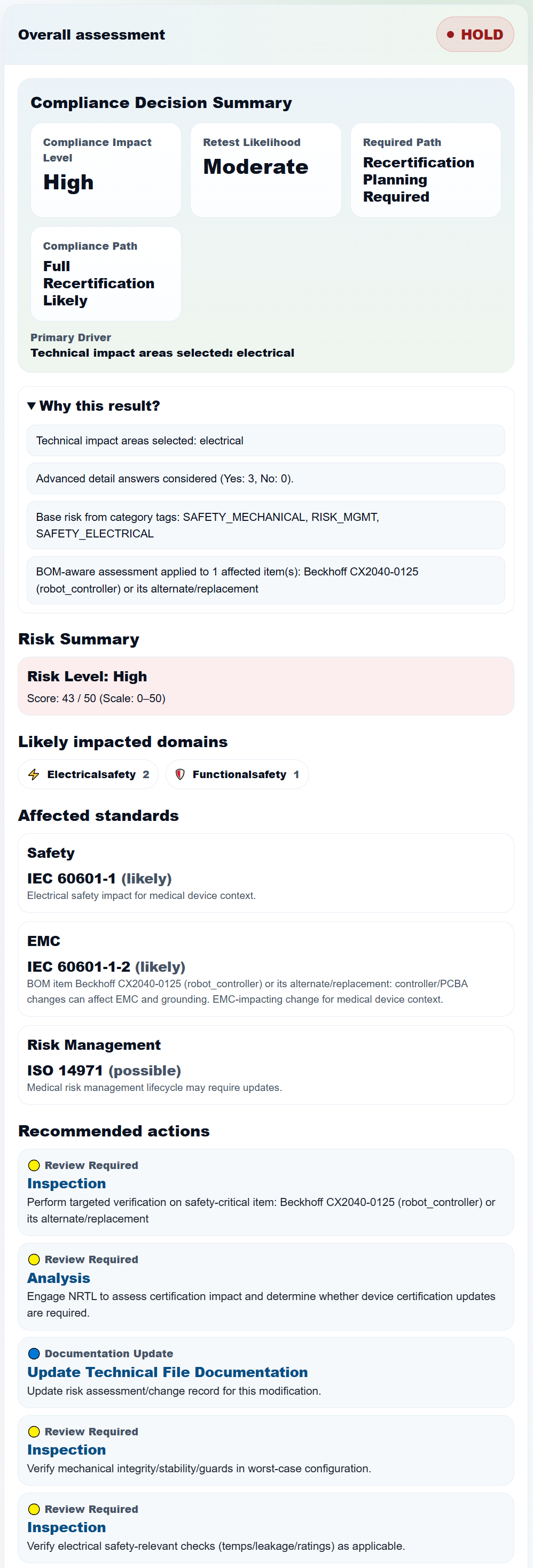Compliance change impact assessment software result showing certification risk and recommended actions