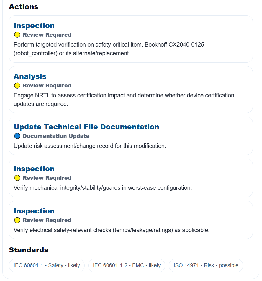 Standards-aware compliance output showing safety, EMC, and risk management impact